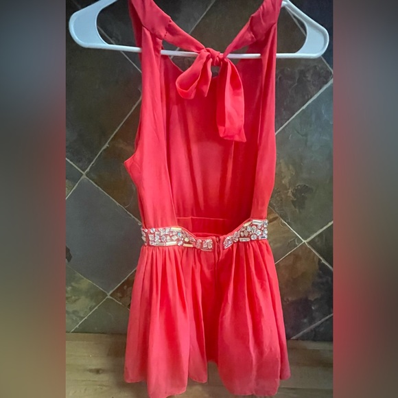 B Darlin Salmon Pink Backless Cocktail Dress with Sequin Belt - Picture 2 of 5